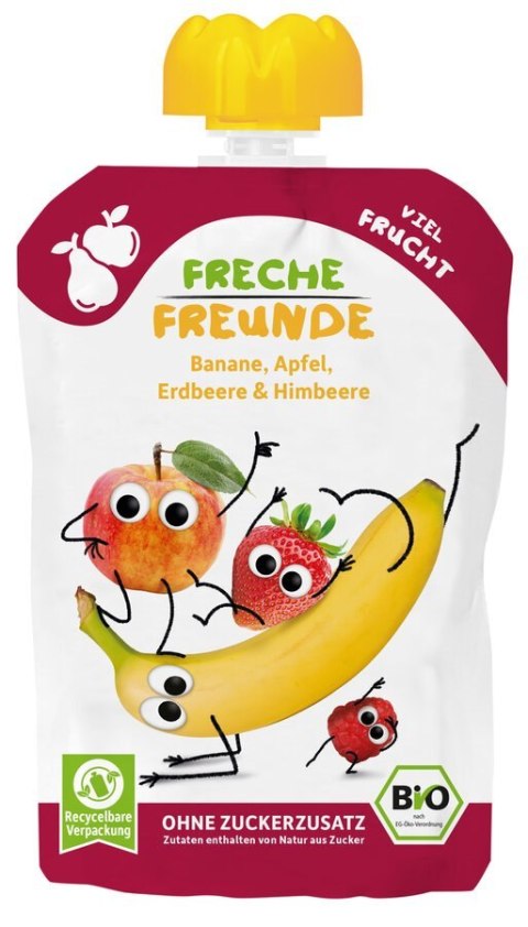 MUS BANAN - JABŁKO - TRUSKAWKA - MALINA BEZ DODATKU CUKRÓW BEZGLUTENOWY OD 6 MIESIĄCA BIO 100 g - FRECHE FREUNDE MUS BANAN - JABŁKO - TRUSKAWKA - MALINA BEZ DODATKU CUKRÓW BEZGLUTENOWY OD 6 MIESIĄCA BIO 100 g - FRECHE FREUNDE