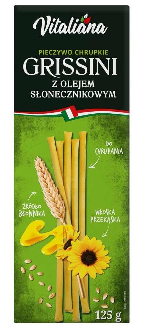 PALUSZKI GRISSINI Z OLEJEM SŁONECZNIKOWYM 125 g - VITALIANA PALUSZKI GRISSINI Z OLEJEM SŁONECZNIKOWYM 125 g - VITALIANA