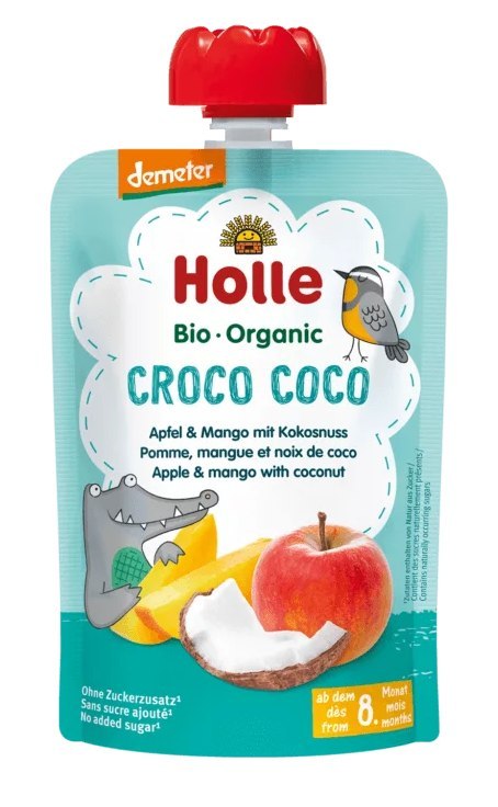 MUS KOKOSOWY KROKODYL (JABŁKO - MANGO - KOKOS) BEZ DODATKU CUKRÓW OD 8 MIESIĄCA DEMETER BIO 100 g - HOLLE MUS KOKOSOWY KROKODYL (JABŁKO - MANGO - KOKOS) BEZ DODATKU CUKRÓW OD 8 MIESIĄCA DEMETER BIO 100 g - HOLLE
