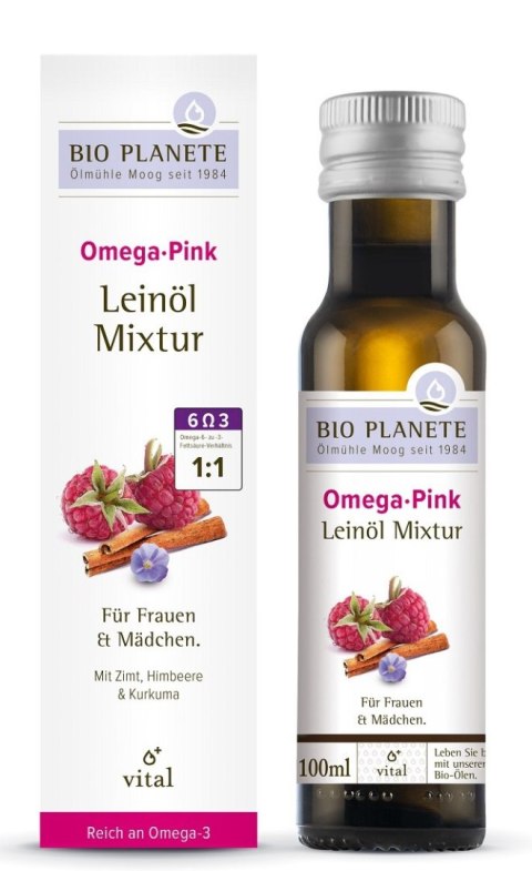 OMEGA PINK - MIESZANKA Z OLEJEM LNIANYM (MALINA, CYNAMON, KURKUMA) BIO 100 ml - BIO PLANETE OMEGA PINK - MIESZANKA Z OLEJEM LNIANYM (MALINA, CYNAMON, KURKUMA) BIO 100 ml - BIO PLANETE