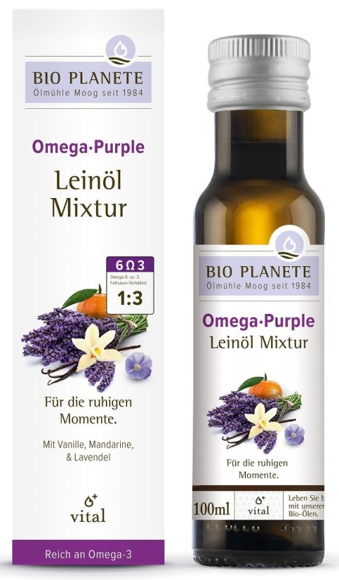 OMEGA PURPLE - MIESZANKA Z OLEJEM LNIANYM (MANDARYNKA, WANILIA, LAWENDA) BIO 100 ml - BIO PLANETE OMEGA PURPLE - MIESZANKA Z OLEJEM LNIANYM (MANDARYNKA, WANILIA, LAWENDA) BIO 100 ml - BIO PLANETE