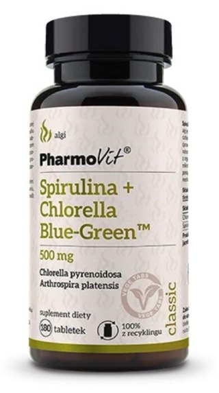 SPIRULINA + CHLORELLA BLUE-GREEN (500 mg) BEZGLUTENOWA 180 TABLETEK - PHARMOVIT (CLASSIC)