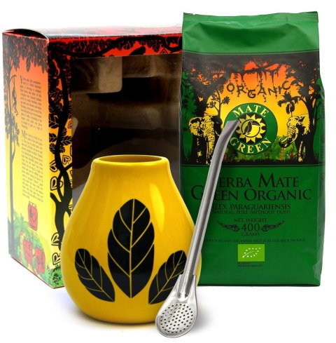 ZESTAW YERBA MATE BIO 400 g, MATERO (LOSOWY WZÓR), BOMBILLA - ORGANIC MATE GREEN
