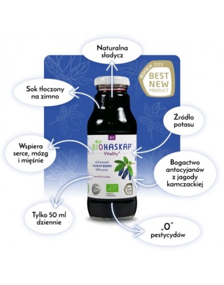 3 x Sok BIO certyfikowany z jagody kamczackiej BIOHASKAP Vitality +. Źródło potasu. Best New Product BIOFACH 2019